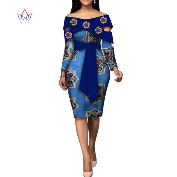 Mode Afrikanische Kleider für Frauen Bazin Riche Afrikanischen Druck Baumwolle Midi Kleid Ärmel Bodycon Elegante Party Kleidung WY4867