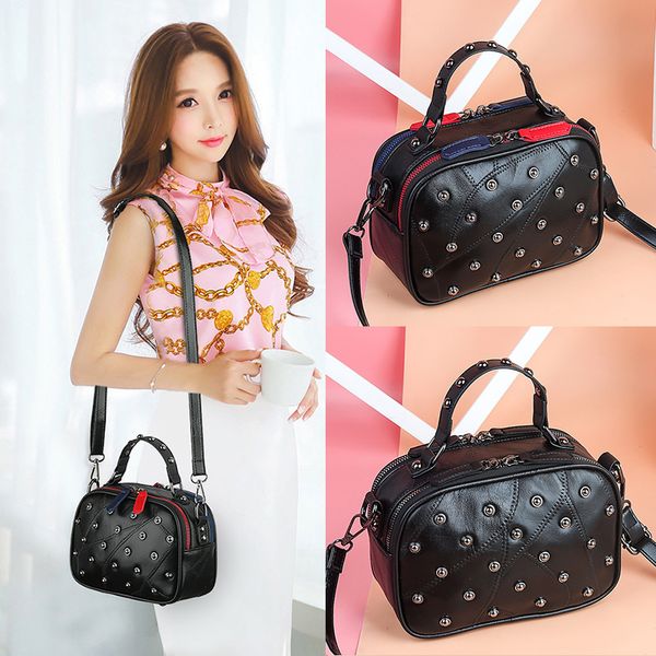

new women's leather portable european and american sheepskin stitching female bag rivet shoulder bag messenger