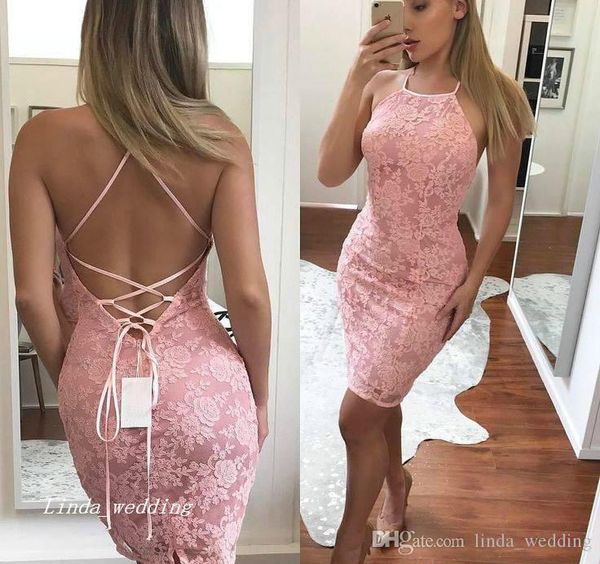 2019 Cheap Pink Guaina Mini Abito da cocktail corto Hater Lace Criss Cross Backless Semi Club Wear Homecoming Abito da festa Plus Size Custom Make