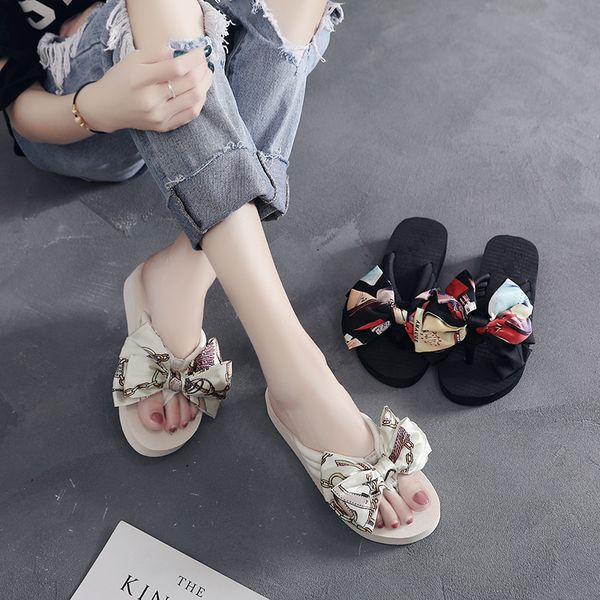 

bohemian brand colorful print slippers woman butterfly-knot beach flipflops fashion thick bottom anti-skid slides woman slippers, Black