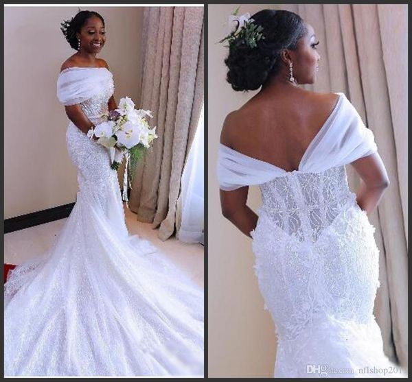 

elegant white bright lace mermaid wedding dresses new offer the shoulder robe mariage court train bride dress plus size wedding dress