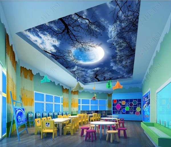 

3d ceiling murals wallpaper beautiful moon, starry sky, forest, sky, zenith, mural, ceiling painting
