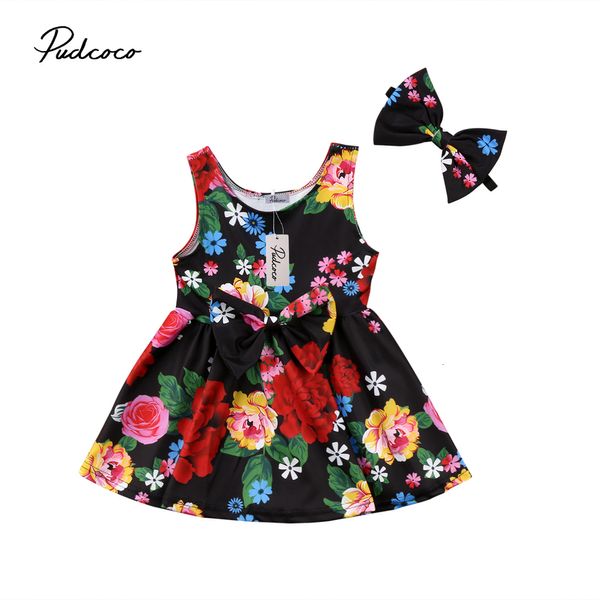 

pudcoco прекрасных дети baby girl одежда цветочной printed бант рукава платье нижнего 1-4years, Red;yellow