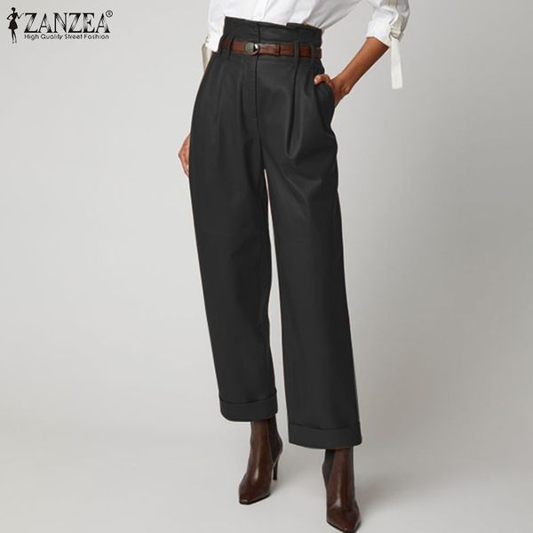 

2020 plus size zanzea solid wide leg pants women high waist elegant work pu leather trousers long pantalons female streetwear, Black;white