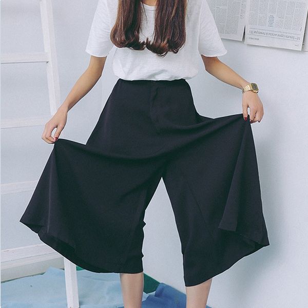 

2020 spring summer new wide leg pant for women pockets elastic waist casual bottoms loose calf-length trousers y605, Black;white