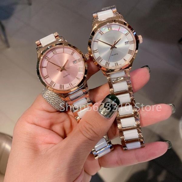 

32mm crystal quartz wrist watch roman number date clock ladies white ceramic watches mother of pearl calendar dial watch, Slivery;brown