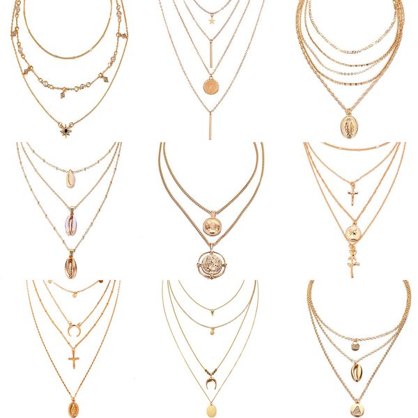 

bohemian multilayer pendant necklace for women fashion, geometric charm chain necklace wholesale jewelry, Silver