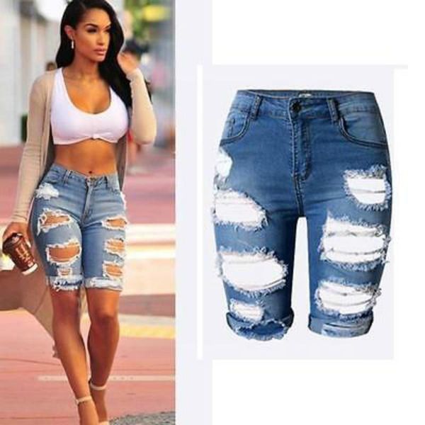 

women's shorts womens elastic hole short pants denim ripped jeans trousers, White;black