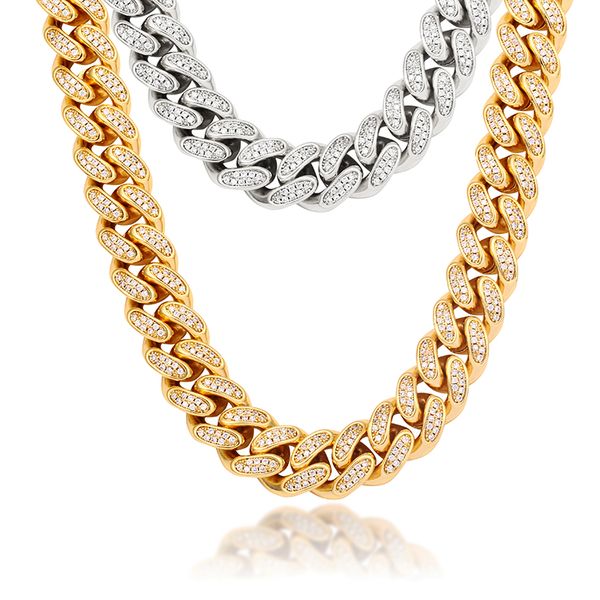 

golden lced out cuban link chains necklace with bling zircon cubic crystals paved rhinestones rapper men's hip hop jewelry clasp, Silver