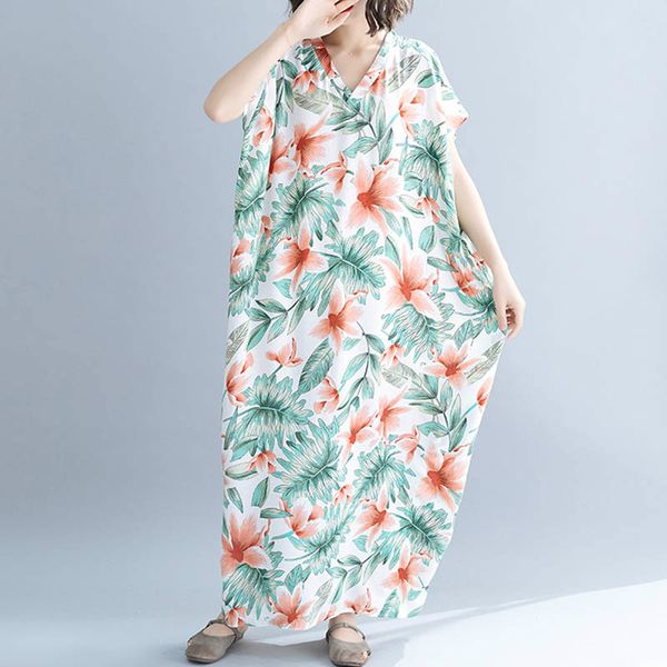 

plus size 4xl 5xl 6xl boho maix dress for women art print floral summer long dress v-neck vintage femme loose dresses 2019 new, Black;gray
