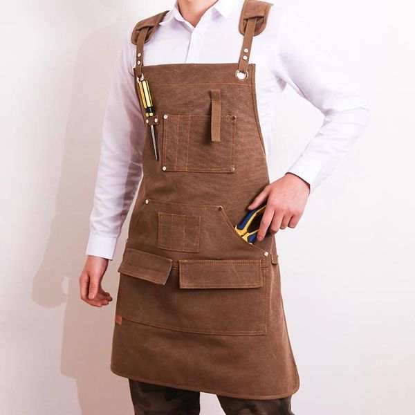 

durable goods heavy duty waxed canvas work apron with tool pockets cross-back straps adjustable for woodworking painting