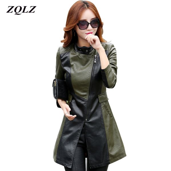 

zqlz плюс размер m-5xl весна кожаная куртка женщины 2020 новая осенняя мода лоскутное длинная куртка pu мотоцикл верхняя одежда, Black