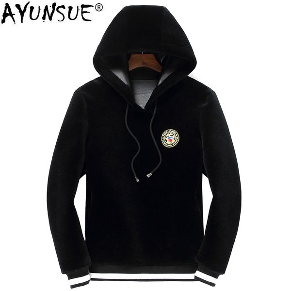 

ayunsue winter genuine leather jacket men's real fur coat sheep shearing 100%wool coat hoodie two side wear jacket x5607 kj830, Black