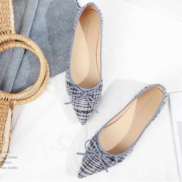 

2020 spring flat shoes woman woolen houndstooth pointed toe ballet flats butterfly-knot slip ons shallow classic vintage shoes, Black