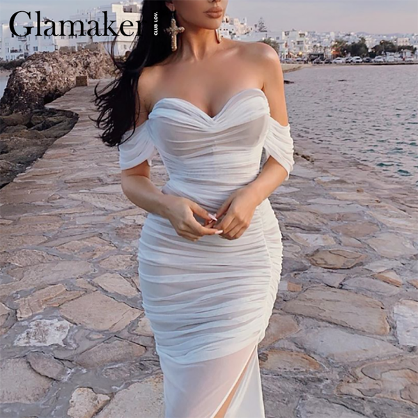 

glamaker mesh сексуальные прозрачный белый вечеринка праздник платье элегантный высокий раскол bodycon плеча партии макси платье весна лето, Black;gray