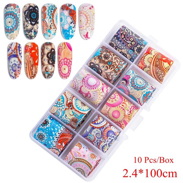 

10 pcs/box holographic flower nail foils nail art transfer sticker decal stylish diy manicure art decor 2.4*100cm, Black
