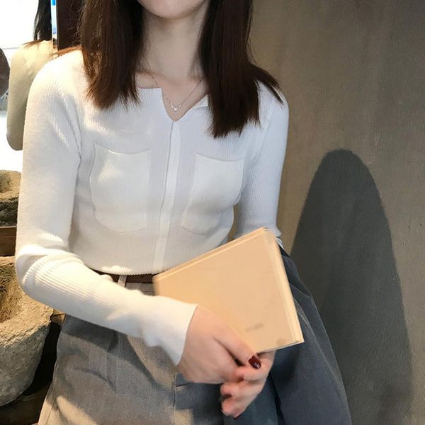 

осень новый корейский стиль карманы сплошной цвет свитер сексуальный тонкий v-образным вырезом с длинными рукавами женщин вязаный пуловер, White;black