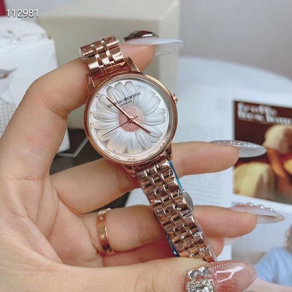 

new fashion olivia bouton white daisy flower dial quartz womens watch stainless steel band rose gold lady watches valentine's day gift, Slivery;brown