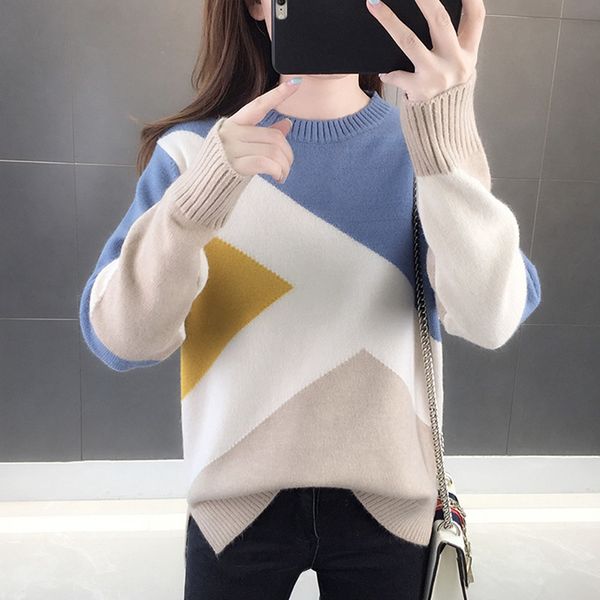 

autumn and winter thick bottoming female knitted long sleeve sweater fashion patchwork o-neck pullovers, White;black