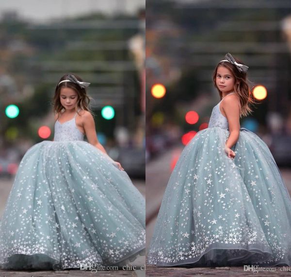 Abiti da ragazza di fiore in pizzo spaghetti per matrimonio Abito da ballo con paillettes stellate Abiti da sposa per bambina Abiti da spettacolo vintage