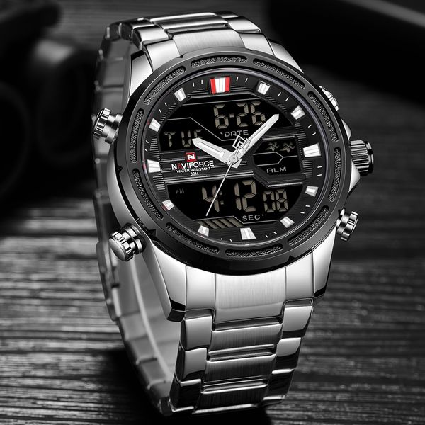 new naviforce mens analog watch luxury fashion sport waterproof quartz wristwatch all-steel male watches clock relogio masculino ly191213, Slivery;brown