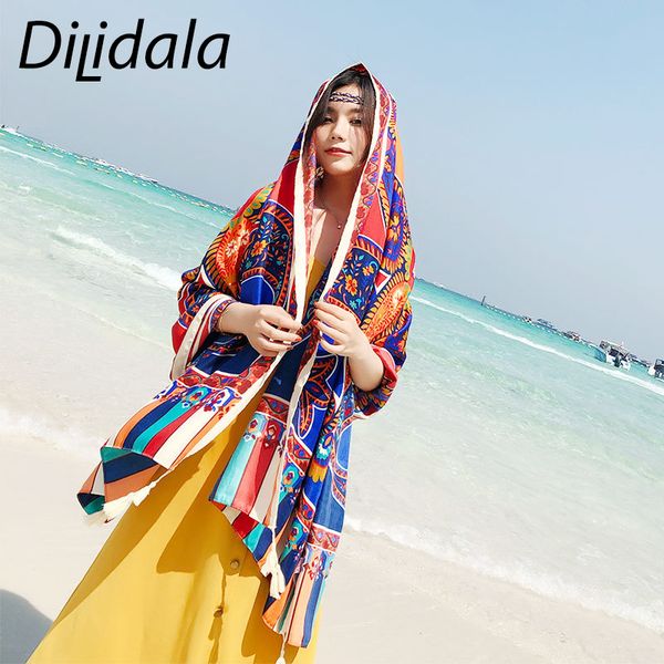 

dilidala art totem print scarf scarves for women tassel fashionable sunscreen shawl silk scarves for women, Blue;gray