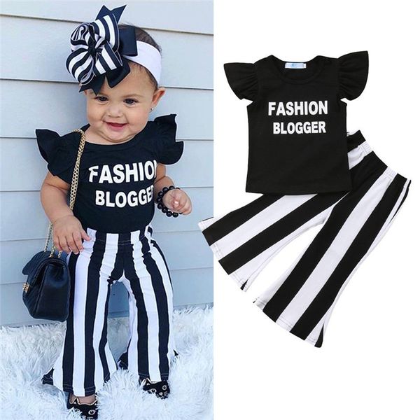 

toddler girls kids clothes round neck sleeveless ruffle letter print pullover t-shirts striped trousers 2p cotton baby outfits, White
