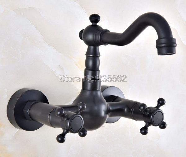 

oil rubbed black bronze wall mounted swivel spout bathroom sink faucet double handle mixer tap lnf847