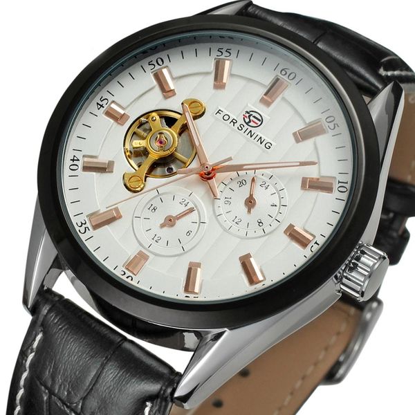 

forsining classic dress auto mechanical watch men chronograph working sub-dial fashion mens watches top, Slivery;brown
