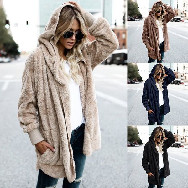 

new year spring faux fur teddy bear coat jacket women fashion open point hooded coat woman long sleeve blurred jacket s-5xl, Black