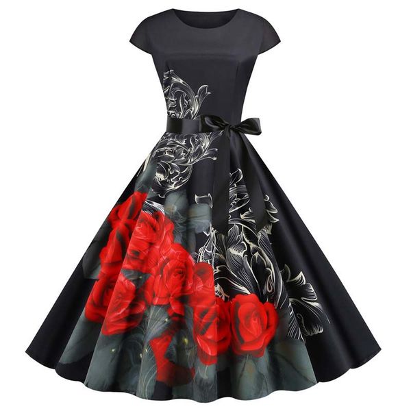 

big hem fit and flare sashes dress women 2020 summer black dresses elegant rose printed vestidos female clothes party robe, Black;gray