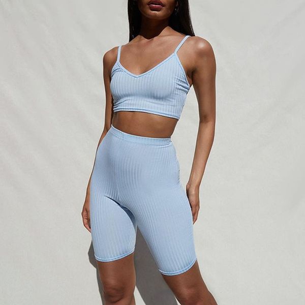 

summer ribbed casual sportswear two piece outfits for women sleeveless crop and shorts matching set female knitted tracksuit, White