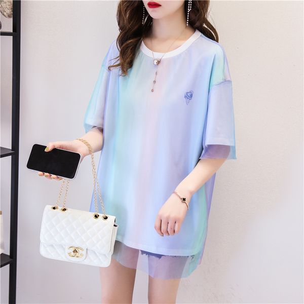 

2019 summer new style korean-style women's wear fake two-piece super fire cec gauze t-shirt women's mixed colors loose-fit short, White