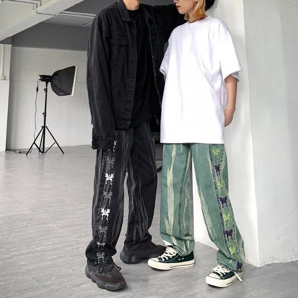 

high waist jeans women men harajuku gradient butterfly embroidery loose straight wide leg pants streetwear korean couples jeans, Blue