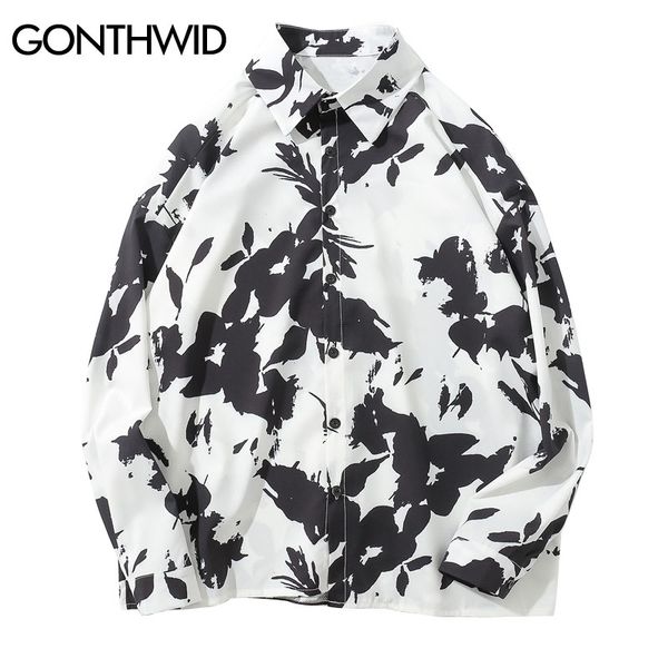 

gonthwid mens flower printed long sleeve shirts 2019 male vintage casual tie dye hawaiian shirt black white, White;black