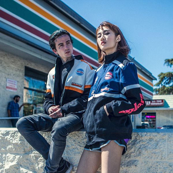 

hot tide couple slim coat fashion locomotive racing suit creative reflective belt hip hop trench coat cotton couple, Black;brown