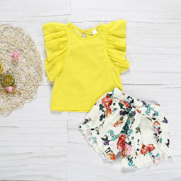 

muqgew toddler girl clothes summer sleeveless ruffles solid +floral print shorts outfits children clothes set roupa infantil, White