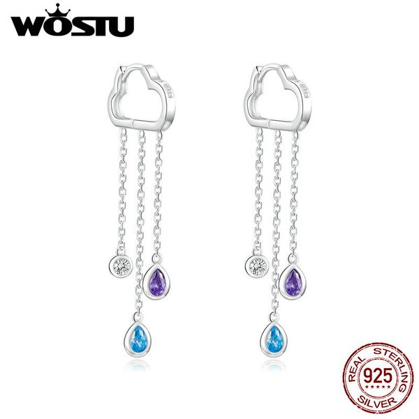 

wostu 100% 925 sterling silver cloud rainly long line dangle earrings blue zircon wedding earrings for women jewelry cte220