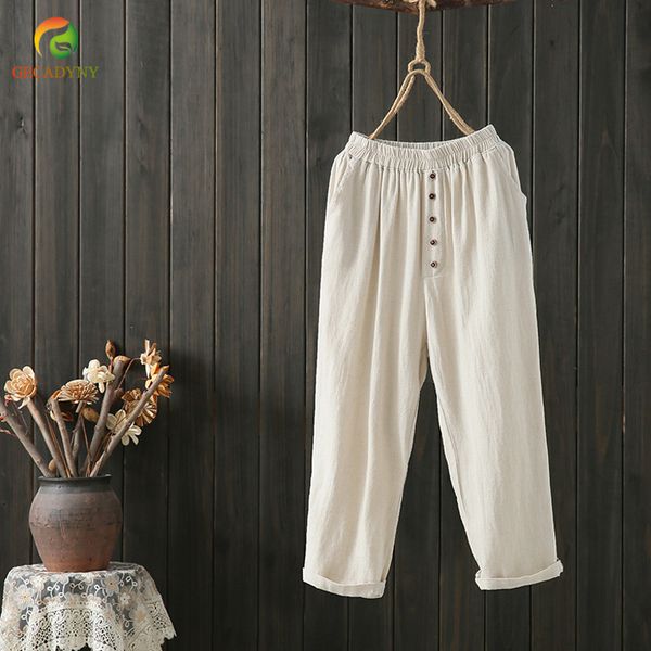 

women pants high waist solid ankle length trousers female sweatpant fashion vintage linen button harem pants, Black;white