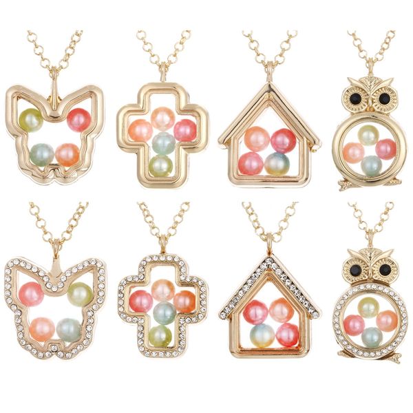 

silver living memory pearl locket pendant necklace rhinestone open glass floating beads cage locket necklace women jewelry gift