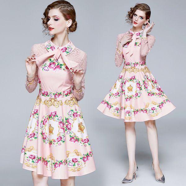 

luxury pink lace designer dress women long sleeve lapel neck party prom slim floral bow ladies runway dress casual elegant office dresses, Black;gray