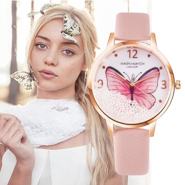 

butterfly style fashion women's luxury leather band analog quartz watch rhinestone ladies watch women dress clock, Slivery;brown