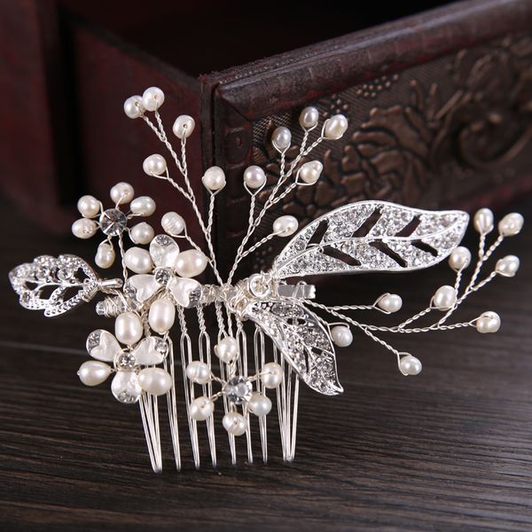 

freshwater pearl bride hair combs for wedding rhinestone flower leaf headdress gold/silver/rose gold headmade hair combs, Golden;white