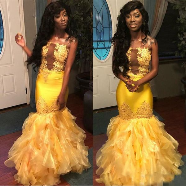 

yellow african mermaid prom dresses strapless appliques tulle ruffles evening gowns plus size party dress for black girls