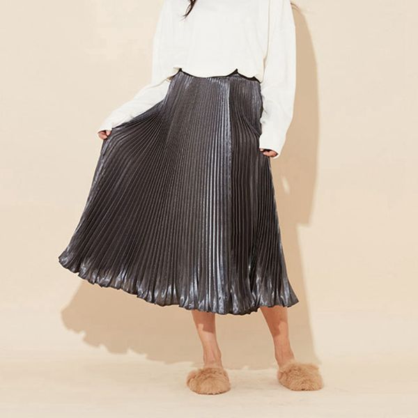 

2019 summer runway skirts women fashion grey pleated midi skirts, Black