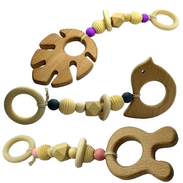 

3pcs baby play gym nursing cartoon animal wooden teether chew silicone beads teething wood stroller toys teether montessori rattles