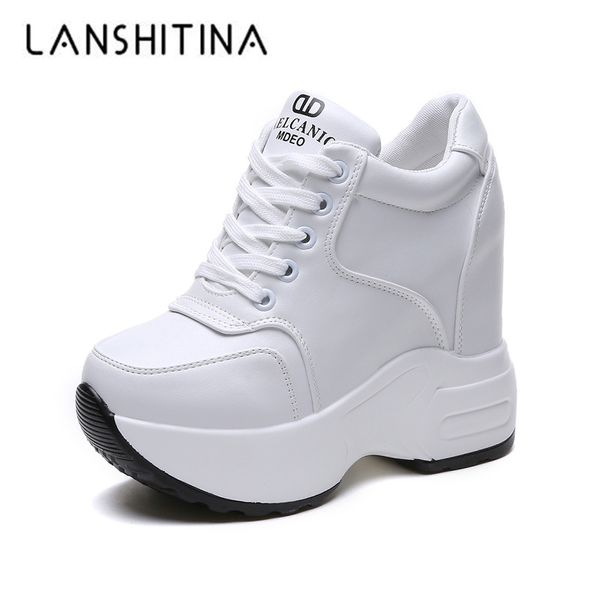 

women's ankle boots 2018 autumn pu leather shoes woman platform height increased sneakers 10 cm thick sole wedges white boots, Black