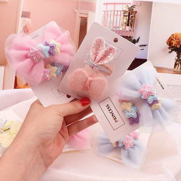 

2pcs/set glitter girls hair clips mesh hair bows set star hairpin sweet kids accessories side clip headwear, Slivery;white