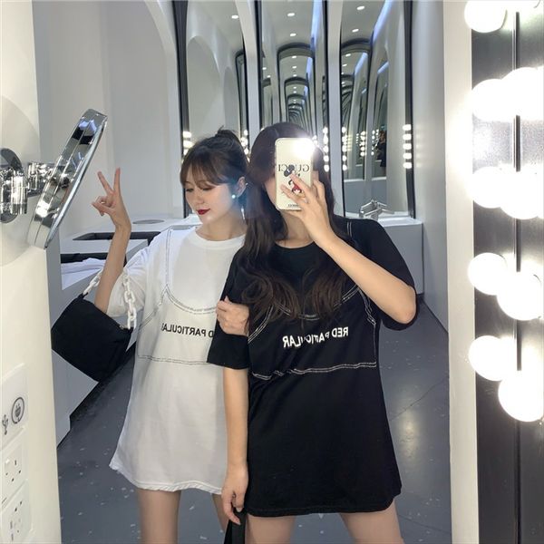

ins super fire heavy industry drill t-shirt loose lazy wind medium and long printing fake two-piece t-shirt female, White