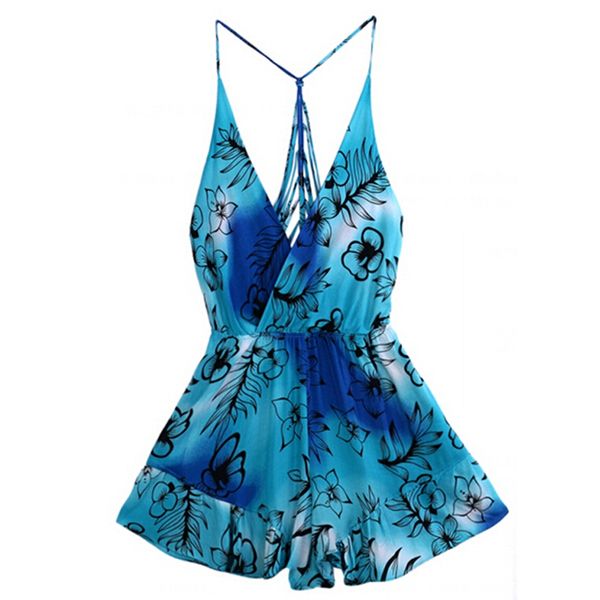 

2018 women girls new fashion bohemian floral print sleeveless playsuits summer spaghetti strap backless loose playsuits hot, Black;white